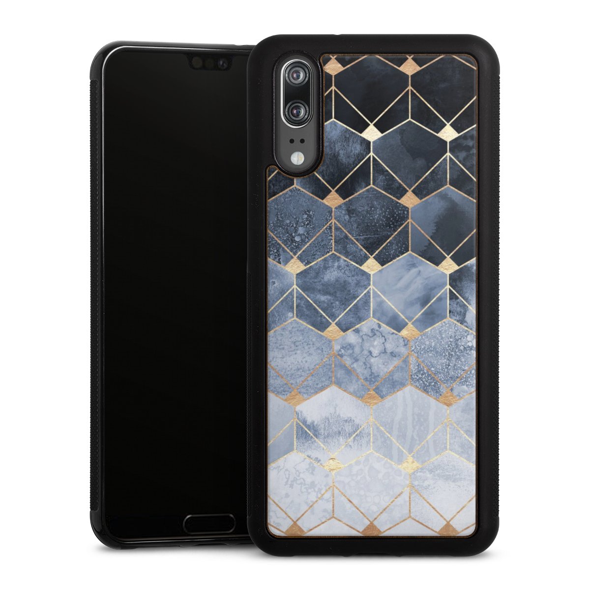 Blaue Sechsecke und Diamanten Golddruck