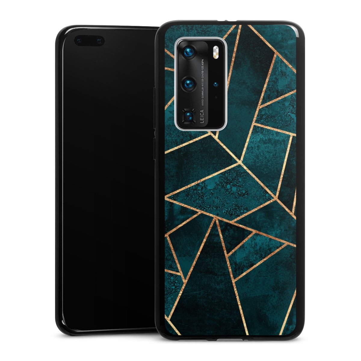 Diepblauwgroene steengouden print