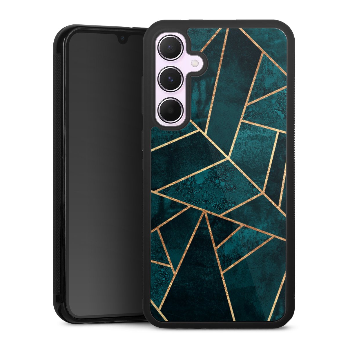 Diepblauwgroene steengouden print