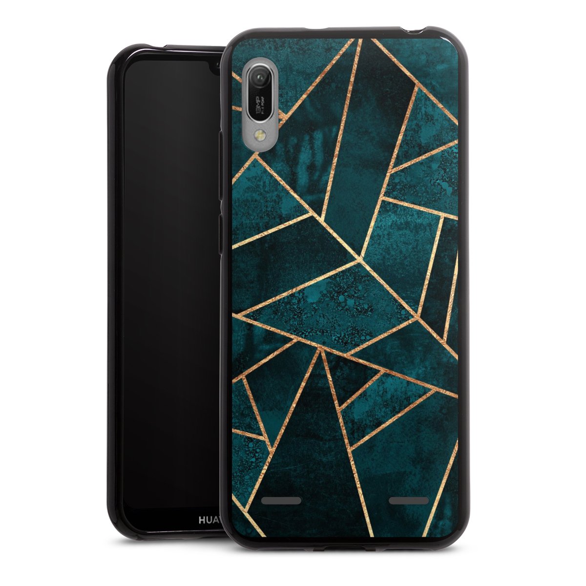 Diepblauwgroene steengouden print