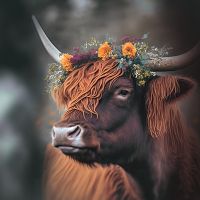 Highland Cow With Flowers - treechild